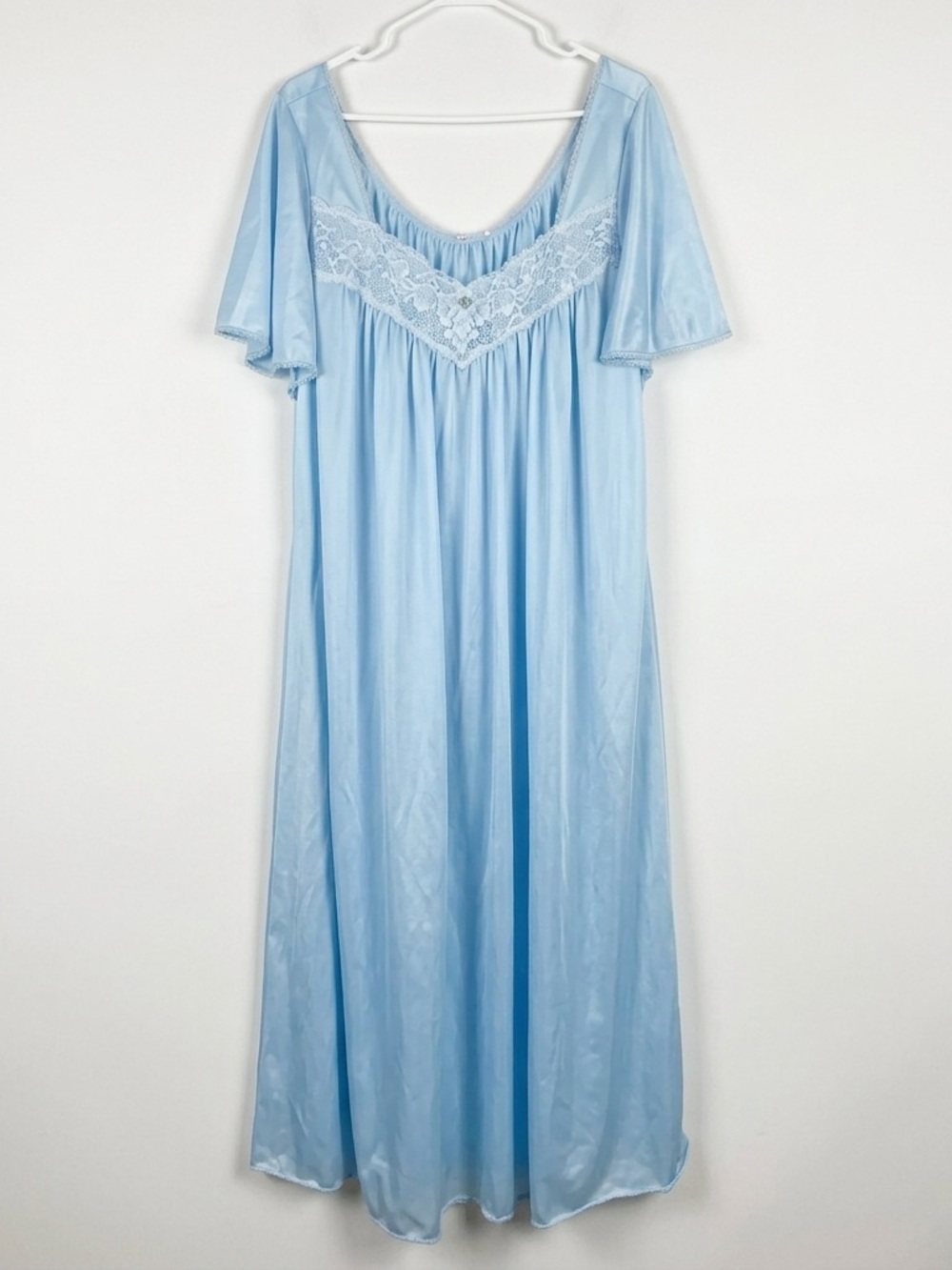 Vintage 70s 80s Blue Nylon Nightgown 2X Plus Size Flutter Sleeve Lace Rosette